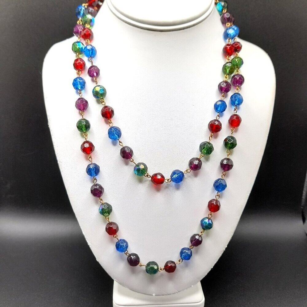 Vintage Multicolored Glass Bead Necklace,  Green Red Blue Purple Beads, 42 Inch